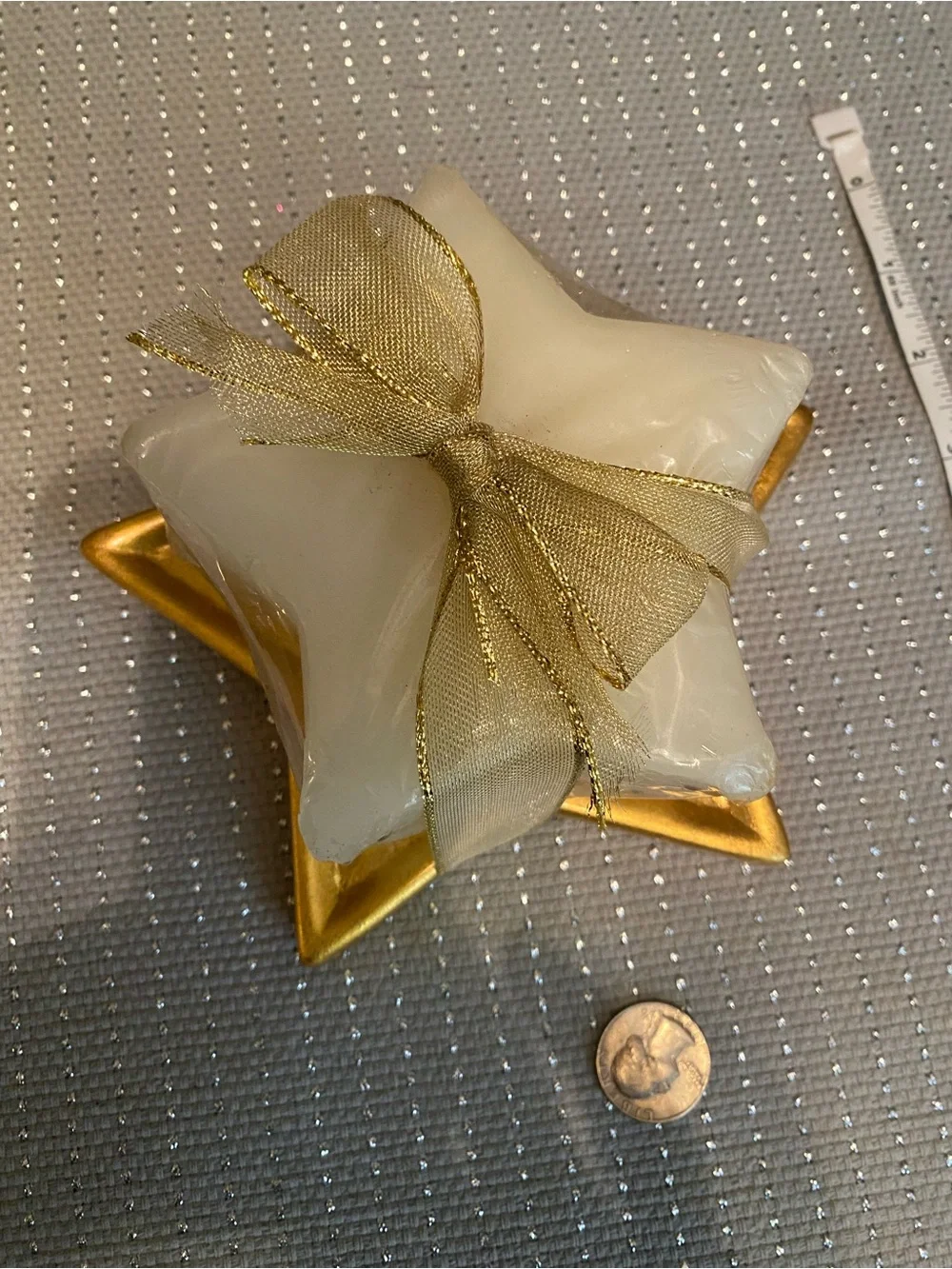 Festive Cream Star Candle with Gold Star Holder and Ribbon